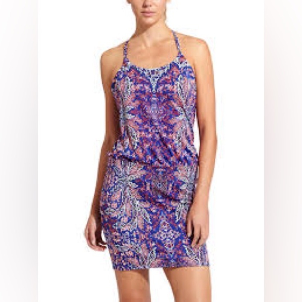 Athleta Swim Dress Aqualuxe Printparp Purple Strappy Coverup swimwear XL size